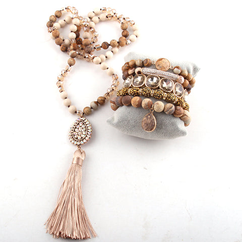 Kirstie Stone Knotted Bead Necklace and Bracelet Stack Set - Muted