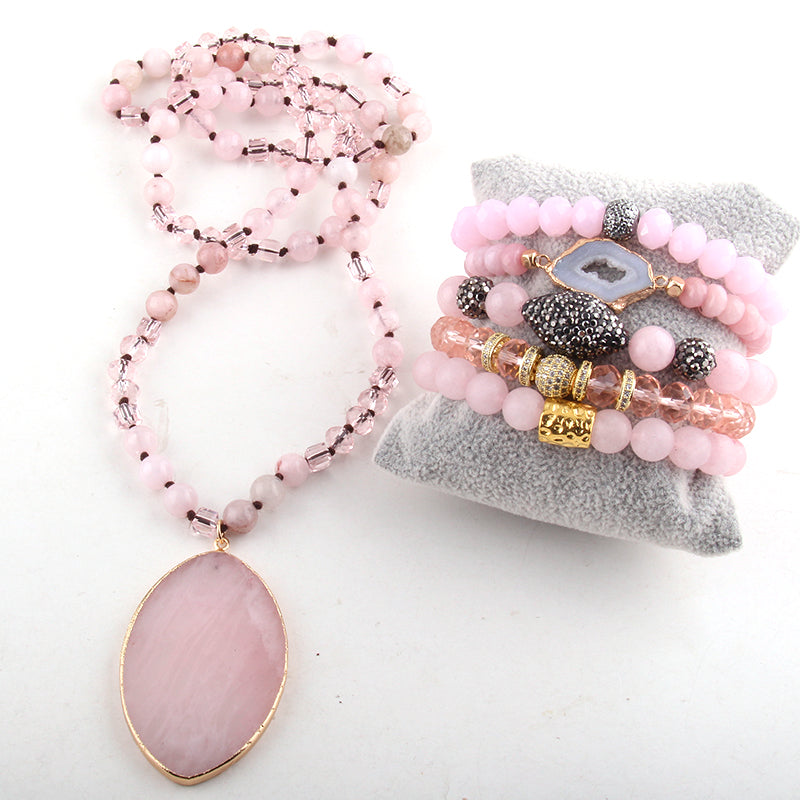 Kirstie Stone Knotted Bead Necklace and Bracelet Stack Set - Pink Quartz