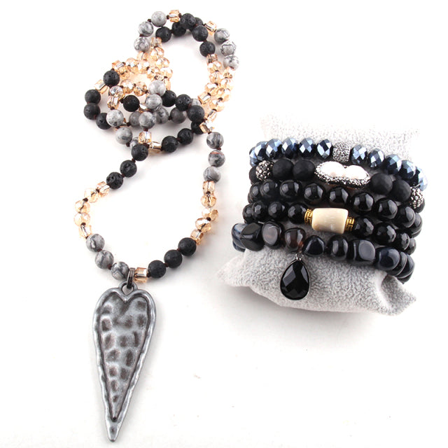 Kirstie Stone Knotted Bead Necklace and Bracelet Stack Set - Black Tiger