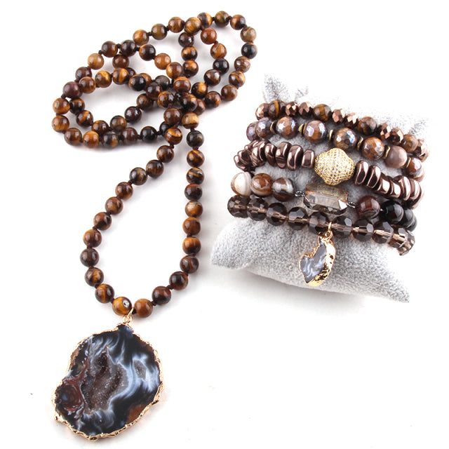 Kirstie Stone Knotted Bead Necklace and Bracelet Stack Set - Stone