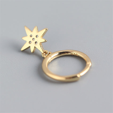 925 Sterling Silver Asymmetric Star Moon Mini Hoop Earrings