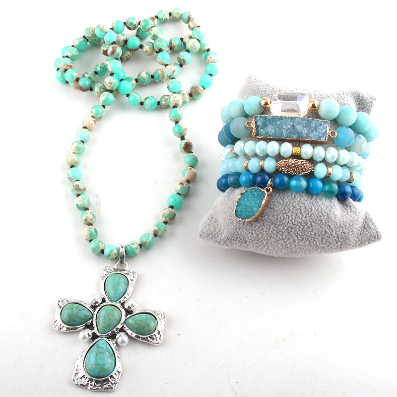 Kirstie Stone Knotted Bead Necklace and Bracelet Stack Set - Teals