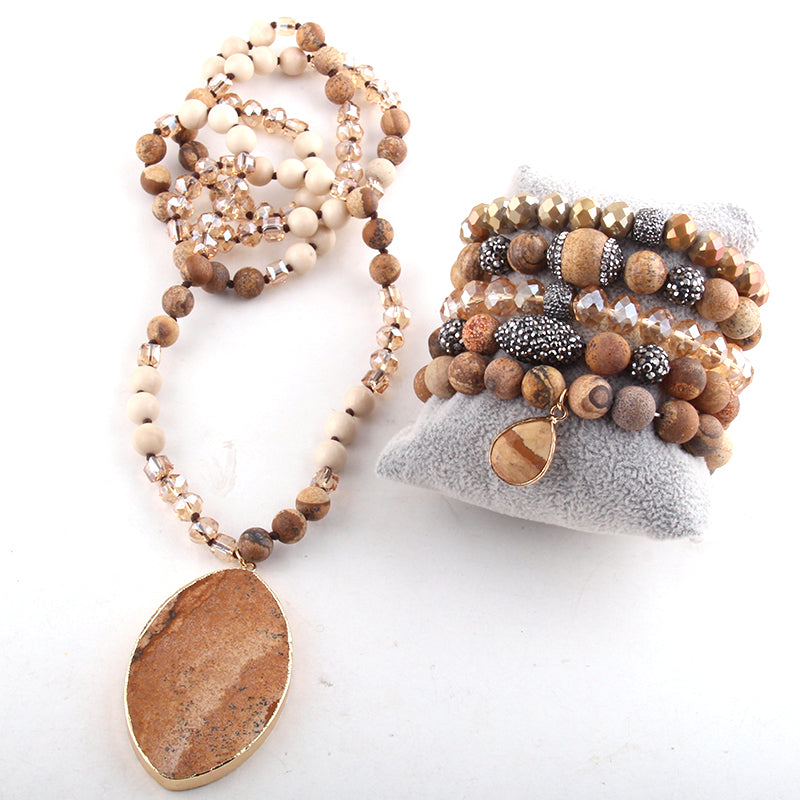 Kirstie Stone Knotted Bead Necklace and Bracelet Stack Set - Woods