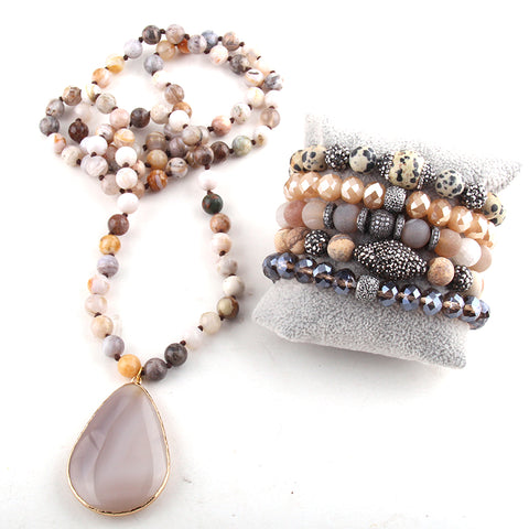 Kirstie Stone Knotted Bead Necklace and Bracelet Stack Set - Sand
